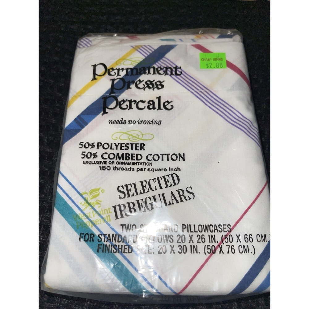 West Point Pepperell Vintage NOS 2 Standard Pillowcases White With Plaid Print